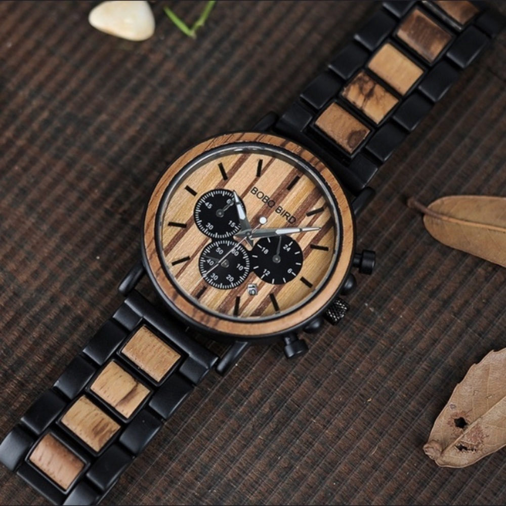 🌱MEN’S WOOD LUXURY CHRONOGRAPH MILITARY WATCH*NWT - Picture 3 of 8